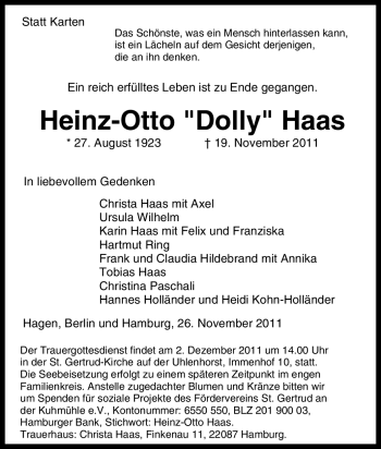 Traueranzeige von Heinz-Otto Haas von Tageszeitung