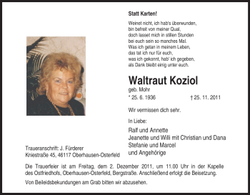 Traueranzeige von Waltraut Koziol von Tageszeitung