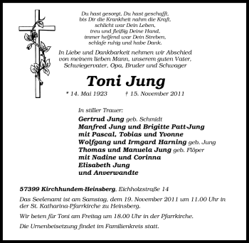 Traueranzeige von Toni Jung von Tageszeitung