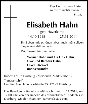 Traueranzeige von Elisabeth Hahn von Tageszeitung