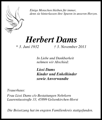 Traueranzeige von Herbert Dams von Tageszeitung