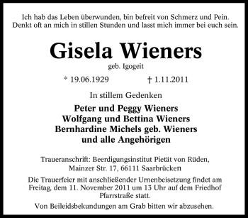 Traueranzeige von Gisela Wieners von Tageszeitung