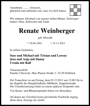 Traueranzeige von Renate Weinberger von Tageszeitung