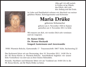 Traueranzeige von Maria Drüke von Tageszeitung