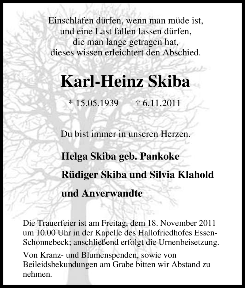  Traueranzeige für Karl-Heinz Skiba vom 12.11.2011 aus Tageszeitung
