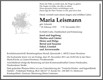 Traueranzeige von Maria Leismann von Tageszeitung