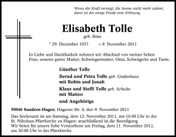 Traueranzeige von Elisabeth Tolle von Tageszeitung