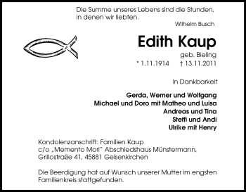 Traueranzeige von Edith Kaup von Tageszeitung