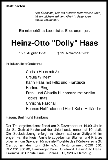 Traueranzeige von Heinz-Otto Haas von Tageszeitung