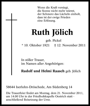 Traueranzeige von Ruth Jölich von Tageszeitung