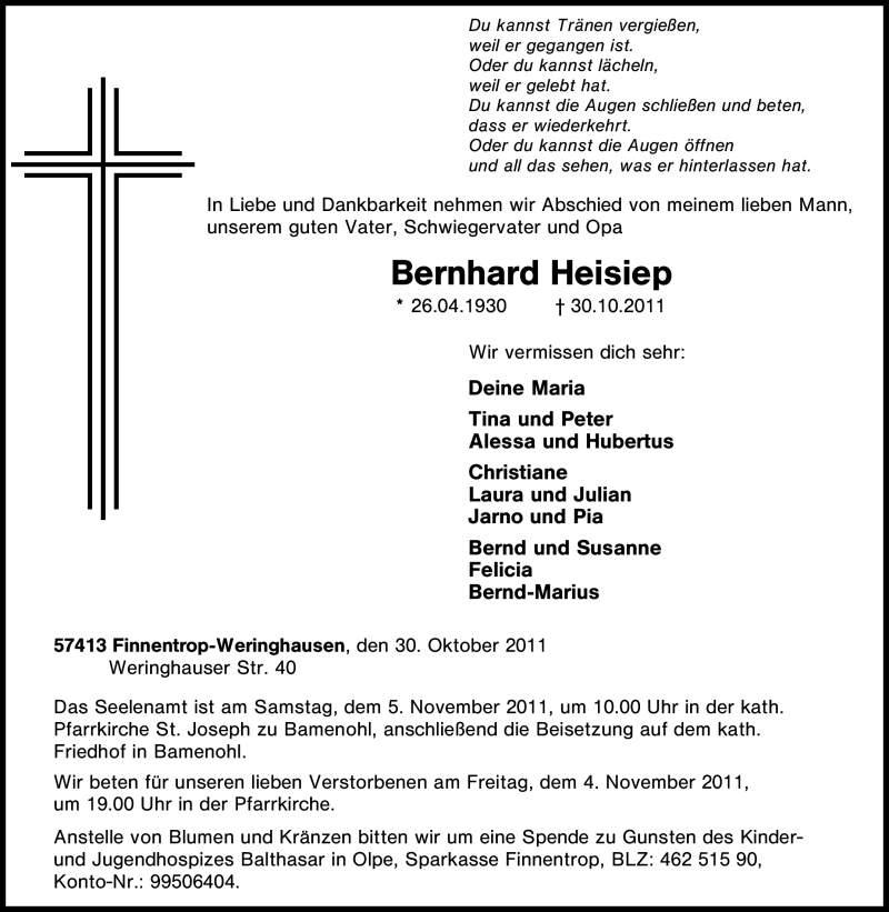  Traueranzeige für Bernhard Heisiep vom 01.11.2011 aus Tageszeitung
