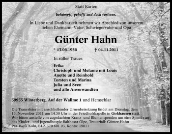Traueranzeige von Günter Hahn von Tageszeitung