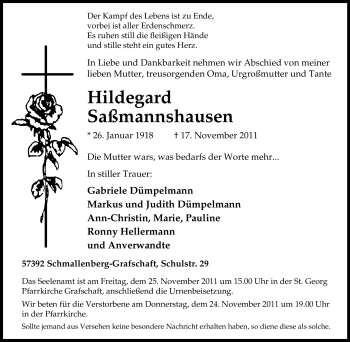 Traueranzeige von Hildegard Saßmannshausen von Tageszeitung