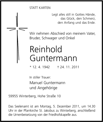 Traueranzeige von Reinhold Guntermann von Tageszeitung