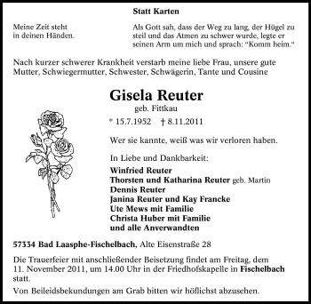 Traueranzeige von Gisela Reuter von Tageszeitung
