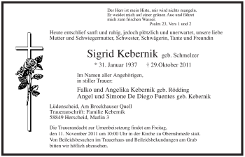 Traueranzeige von Sigrid Kebernik von Tageszeitung