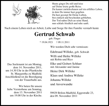 Traueranzeige von Gertrud Schwab von Tageszeitung