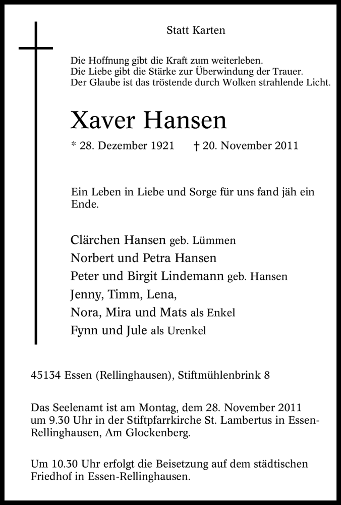 Traueranzeige für Xaver Hansen vom 23.11.2011 aus Tageszeitung