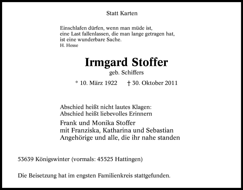  Traueranzeige für Irmgard Stoffer vom 12.11.2011 aus Tageszeitung