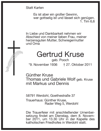 Traueranzeige von Gertrud Kruse von Tageszeitung