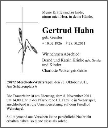 Traueranzeige von Gertrud Hahn von Tageszeitung