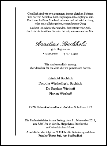 Traueranzeige von Anneliese Buchholz von Tageszeitung