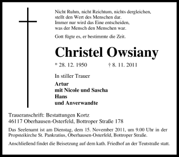 Traueranzeige von Christel Owsiany von Tageszeitung