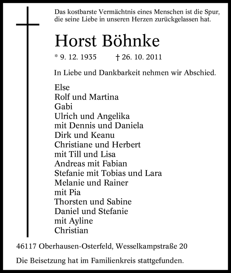  Traueranzeige für Horst Böhnke vom 01.11.2011 aus Tageszeitung