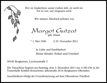 Traueranzeige von Margot Gutzat von Tageszeitung