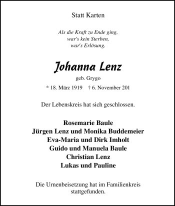 Traueranzeige von Johanna Lenz von Tageszeitung