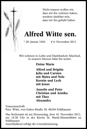 Traueranzeige von Alfred Witte sen. von Tageszeitung