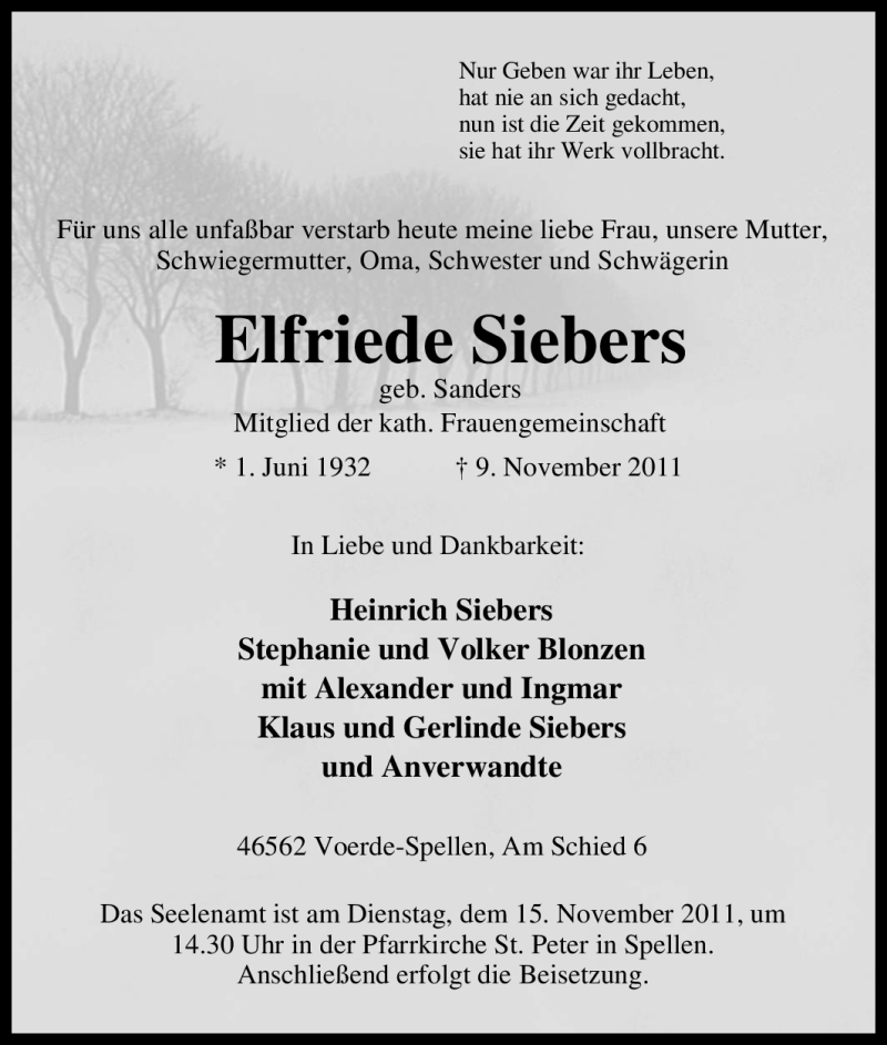  Traueranzeige für Elfriede Siebers vom 12.11.2011 aus Tageszeitung