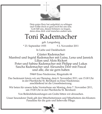 Traueranzeige von Toni Rademacher von Tageszeitung
