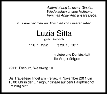 Traueranzeige von Luzia Sitta von Tageszeitung
