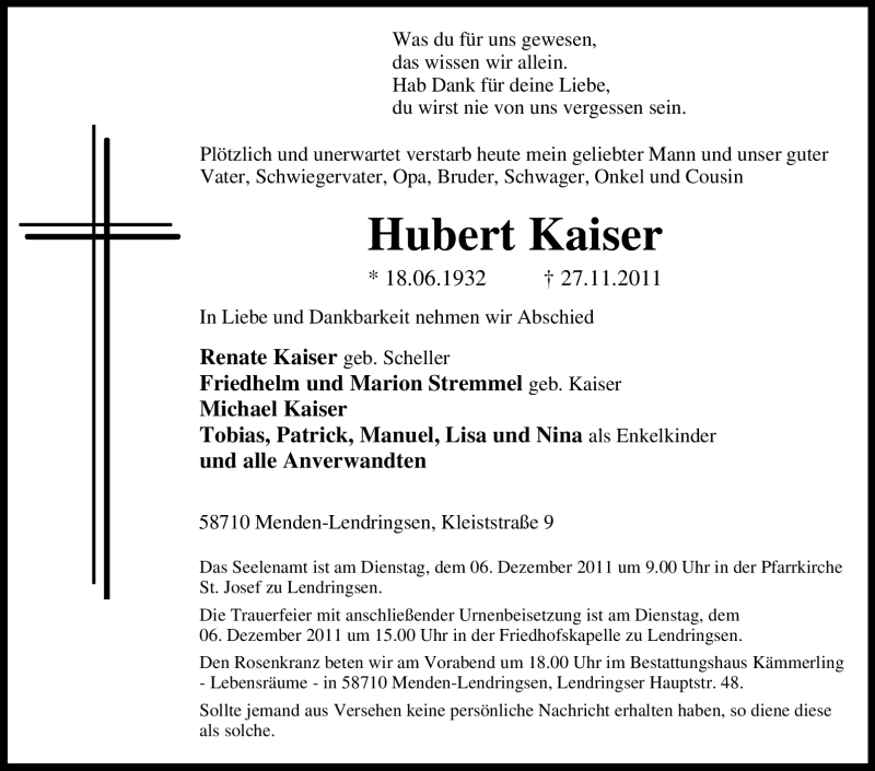  Traueranzeige für Hubert Kaiser vom 30.11.2011 aus Tageszeitung