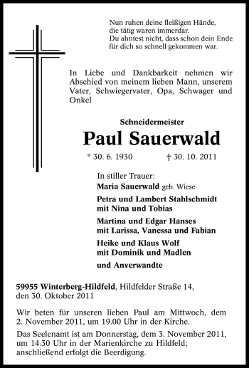 Traueranzeige von Paul Sauerwald von Tageszeitung