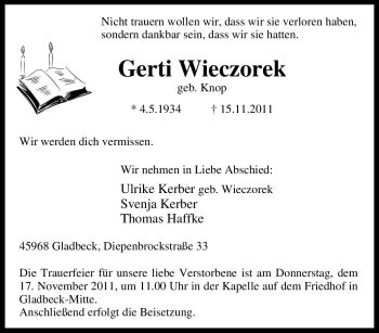 Traueranzeige von Gerti Wieczorek von Tageszeitung