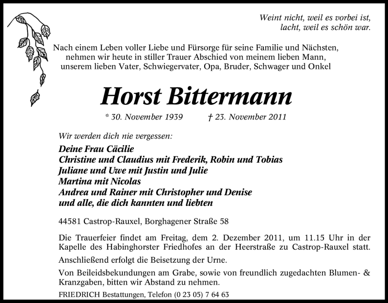  Traueranzeige für Horst Bittermann vom 28.11.2011 aus Tageszeitung