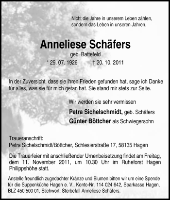 Traueranzeige von Anneliese Schäfers von Tageszeitung