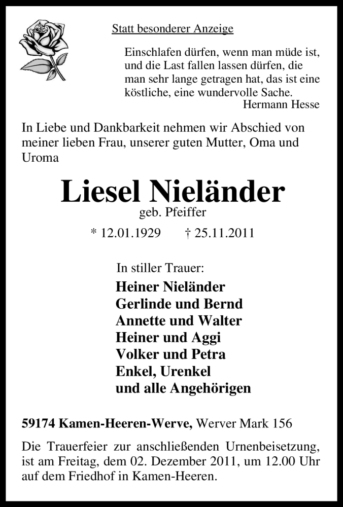  Traueranzeige für Liesel Nieländer vom 30.11.2011 aus Tageszeitung