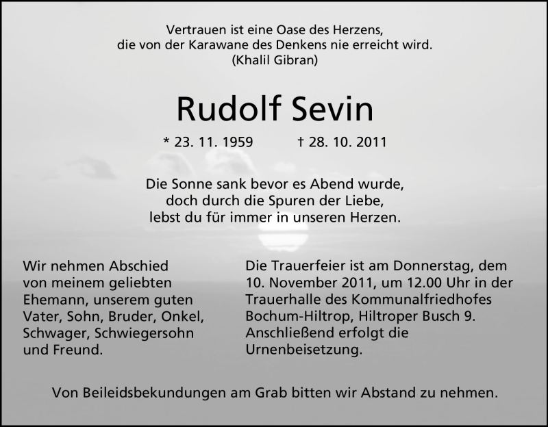  Traueranzeige für Rudolf Sevin vom 05.11.2011 aus Tageszeitung