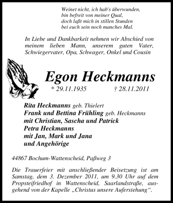 Traueranzeige von Egon Heckmanns von Tageszeitung