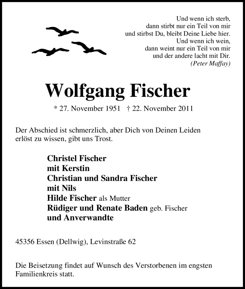 Traueranzeige für Wolfgang Fischer vom 26.11.2011 aus Tageszeitung