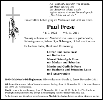 Traueranzeige von Paul Frese von Tageszeitung