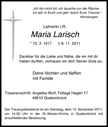 Traueranzeige von Maria Larisch von Tageszeitung