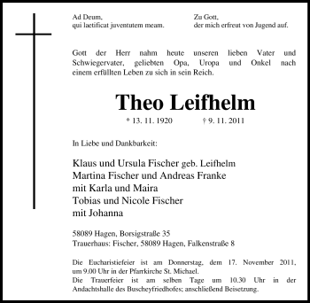 Traueranzeige von Theo Leifhelm von Tageszeitung