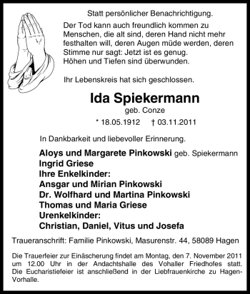 Traueranzeige von Ida Spiekermann von Tageszeitung