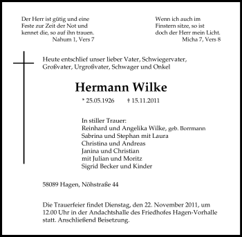 Traueranzeige von Hermann Wilke von Tageszeitung