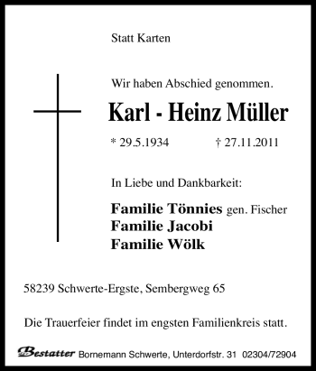 Traueranzeige von Karl - Heinz Müller von Tageszeitung