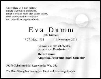 Traueranzeige von Eva Damm von Tageszeitung